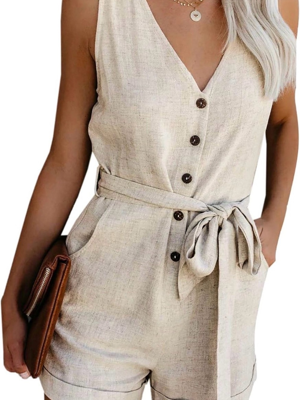 Sleeveless V-Neck Linen Look Romper in Natural Beige 2x plus size